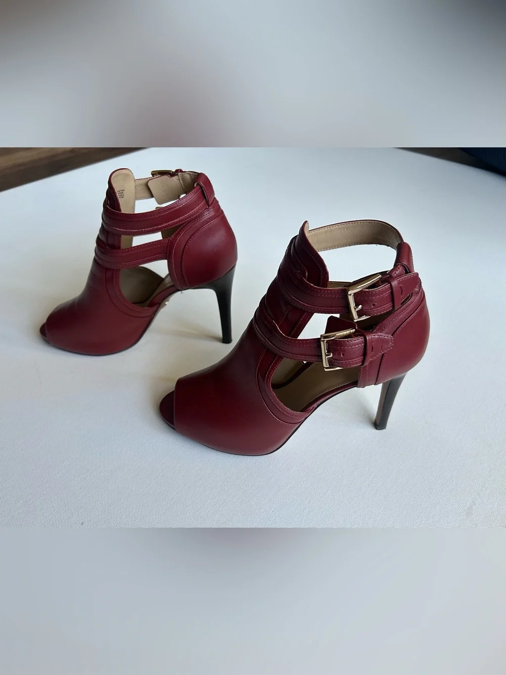 Michael Kors Blaze Leather Peep Toe Stiletto Heels Shoe Sz 8.5 Brandy Red